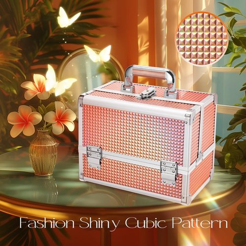 Joligrace Makeup Box 11.6-Inch Cosmetic Train Case for Women Travel Jewelry Organizer with Compartments & Mirror Portable Lockable Make-up Trunk Shiny Style