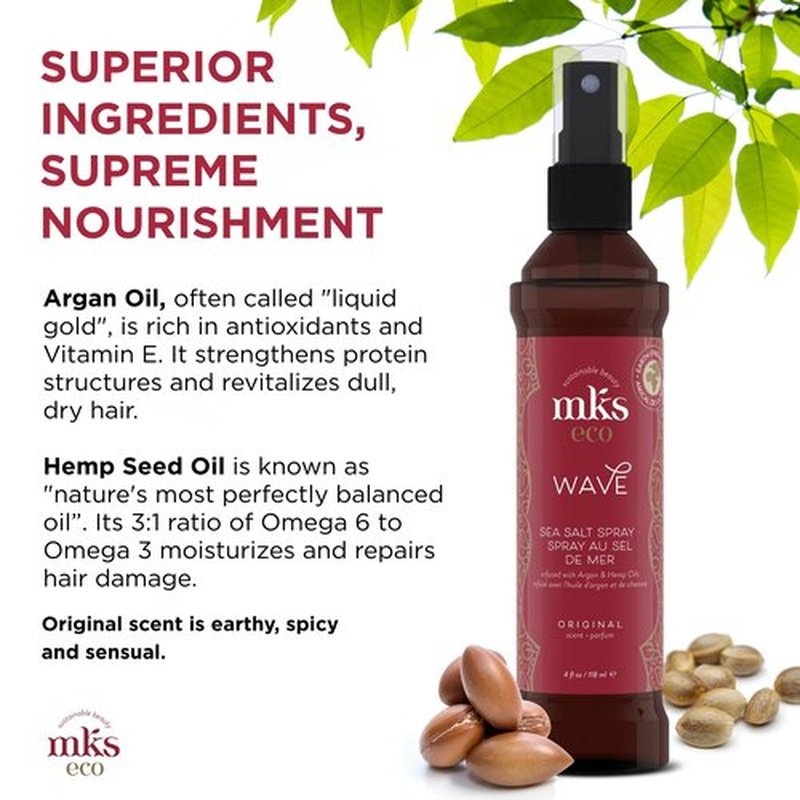 MKS eco Wave, Original Scent - 4 fl oz - Texturizing Sea Salt Spray - For Perfect Beachy Waves - Moroccan Argan Oil, Hemp Seed Oil - Vegan & Cruelty Free