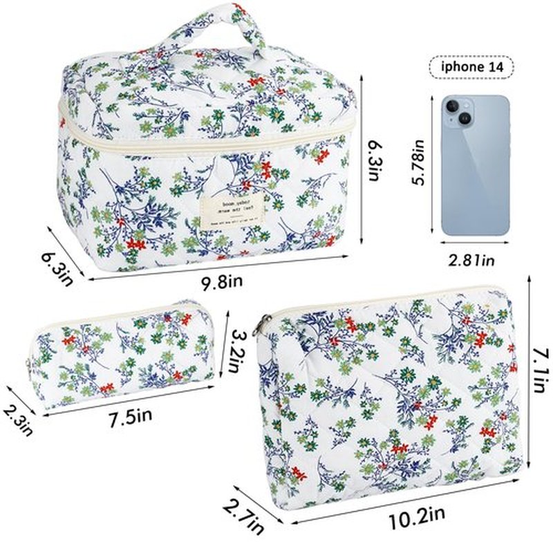 URSKYTOUS 3Pcs Cotton Quilted Makeup Bag for Women Girls Large Small Travel Floral Cosmetic Bags Set Cute Coquette Zipper Makeup Pouch for Purse Aesthetic Cloth Flower Storage Toiletry Bag Organizer
