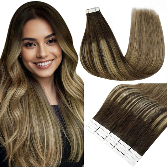 Full Shine Tape in Hair Extensions 30grams Human Hair Extensions Tape in Balayage Color 2 Fading to 8 Brown and 27 Blonde 12 Inch Double Sided Tape in Hair Extensions Short Remy Hair Extensions 20PCS