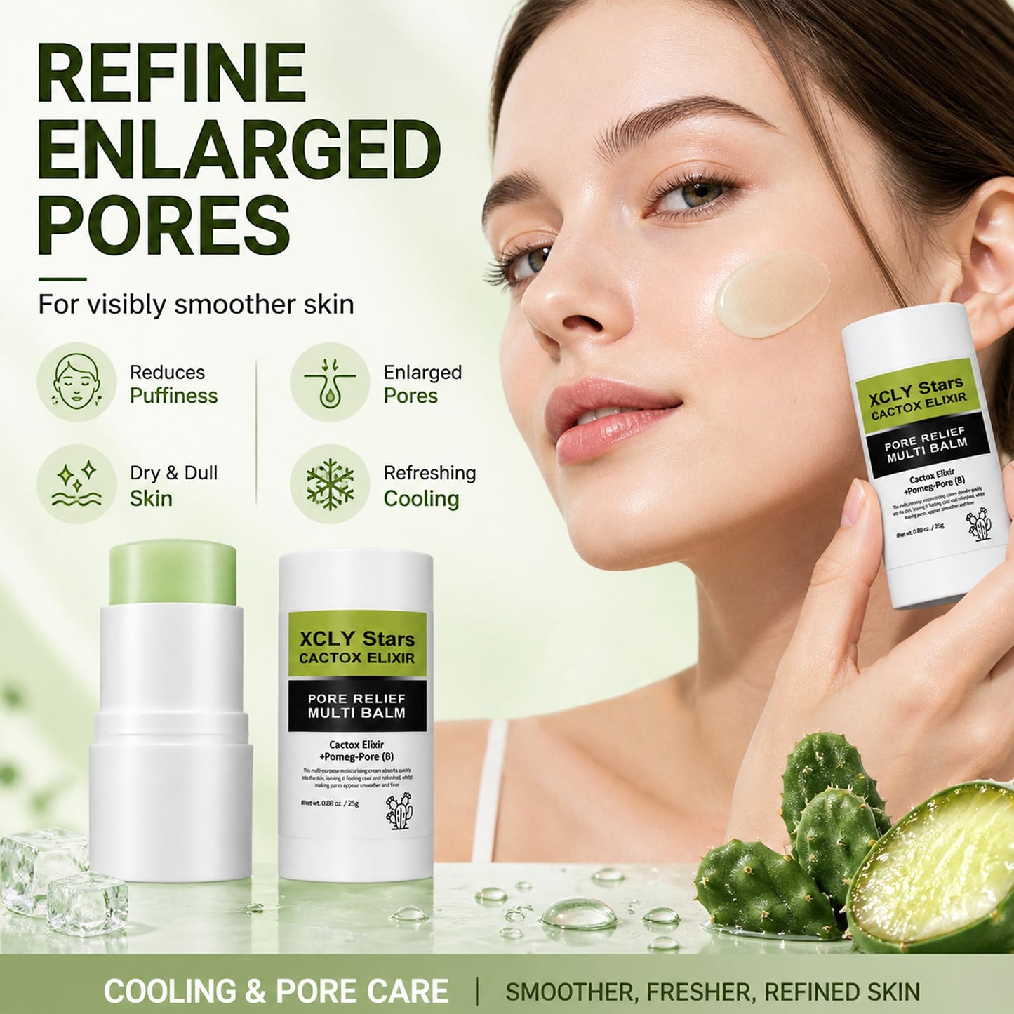 Cactus Pore Relief Multi Balm Stick Instant Cooling & De-Puffing, Helps Reduce the Look of Puffy Skin & Enlarged Pores, Pore Minimizing with Cactus Extract, Face & Eye Skincare Balm Stick - 2 Pack