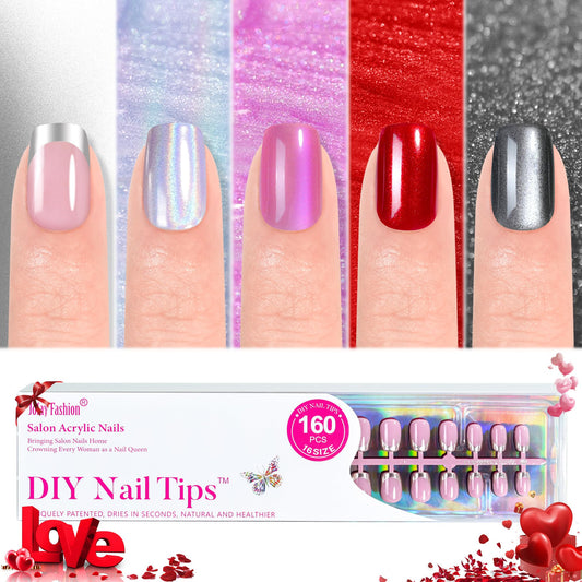 Press on Nails Short 5 Styles, Jofay Fashion 160Pcs Salon-Like Fake Nails with Chrome/Rainbow Laser/Chasing Light Cat Eye Designs, Acrylic French Tip Press on Nails Glue on Nails Stick on Nails