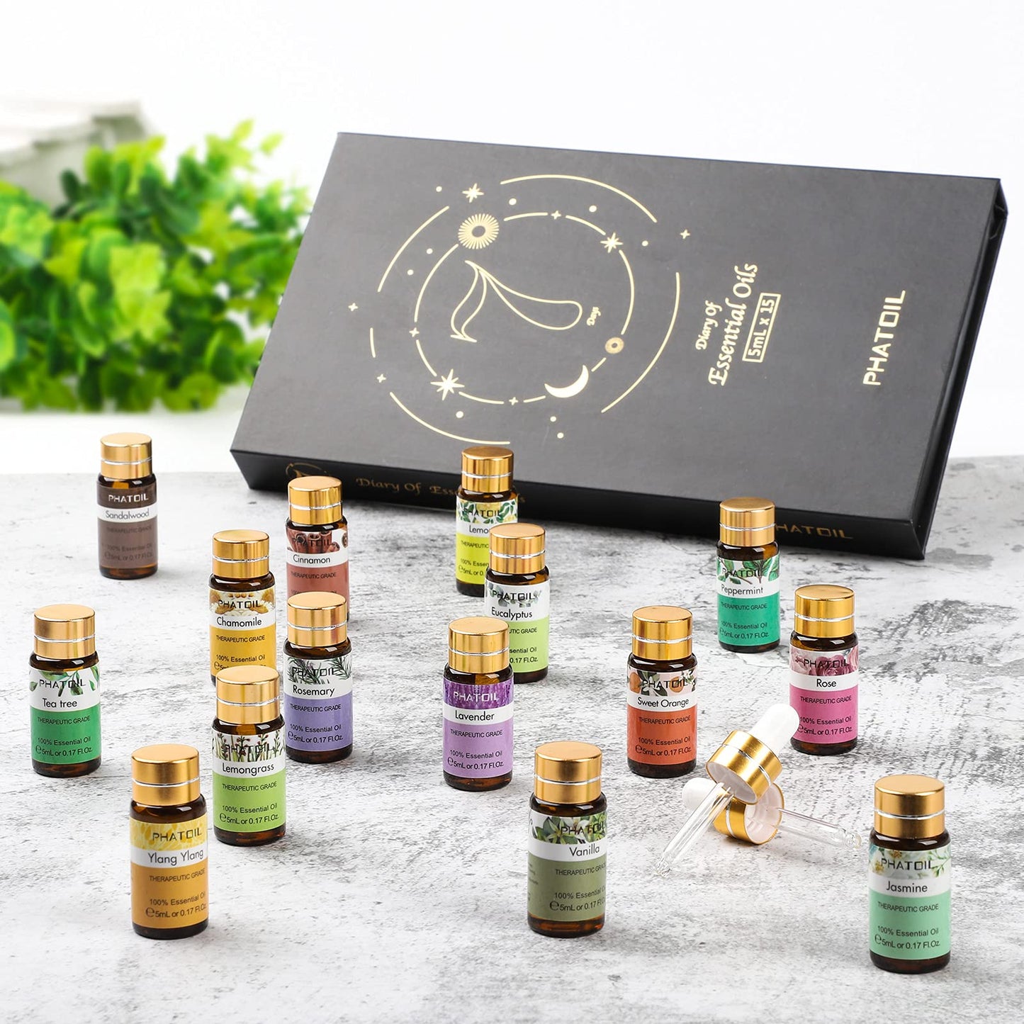 PHATOIL 15PCS Essential Oils Gift Set - Premium Quality 100% Natural Pure Essential Oils for Aromatherapy Diffuser Yoga Home Office Soap Candle Making- 5ml/Bottle