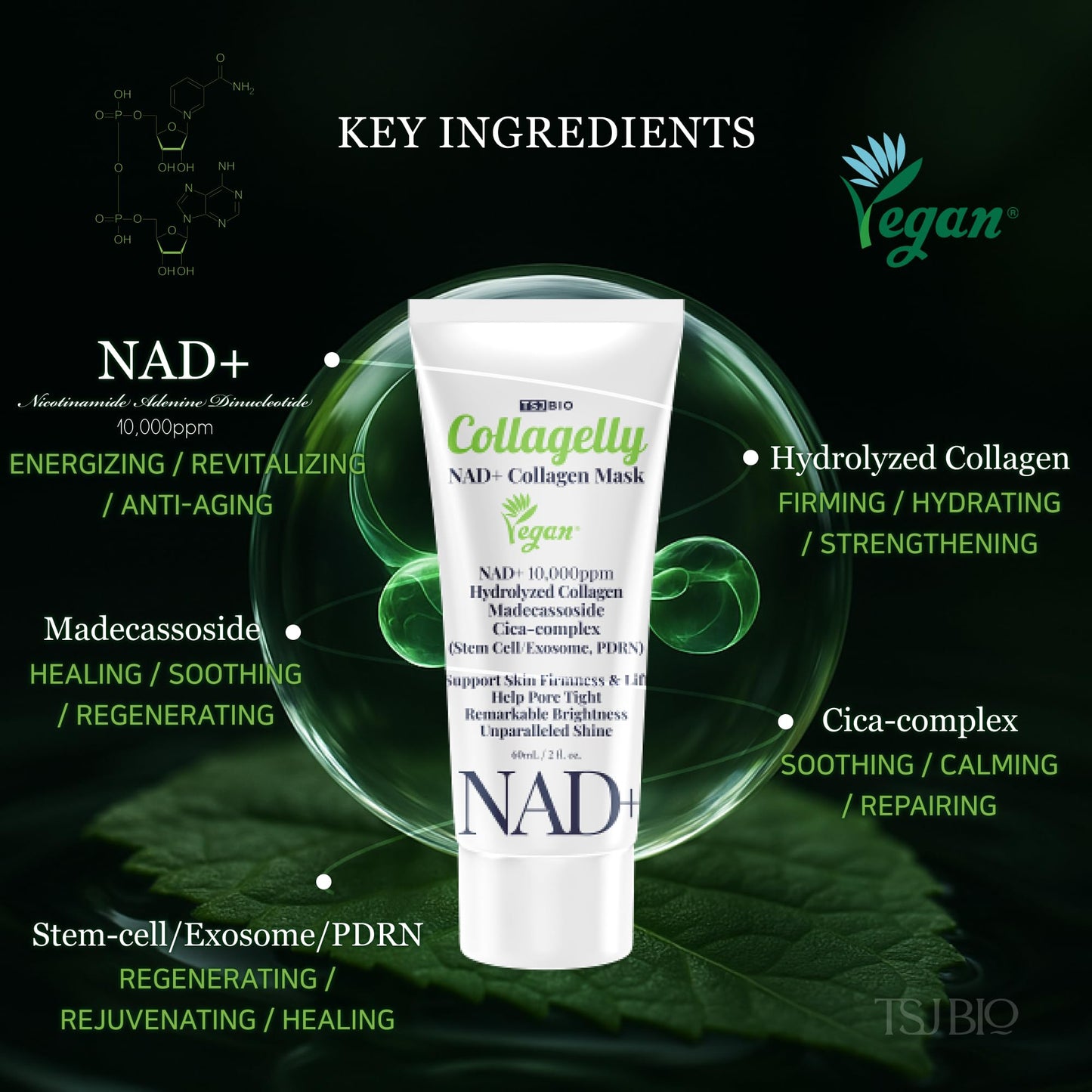 TSJ Bio NAD+ Collagelly Vegan Collagen Mask – 2.1 fl. Oz with 10,000ppm NAD+, NMN, Exosome Complex - Korean Skin Care | Super Peel-Off Face for Blackheads, Pores, Lifting, Exfoliating