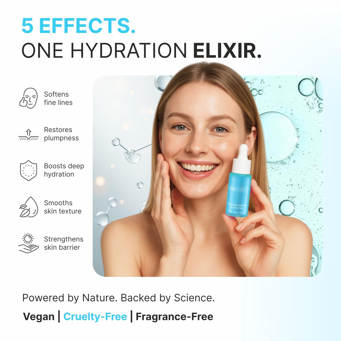 SkinHybrid Hydration Elixir | Gentle Hyaluronic Acid Serum for Face | Oil-Free Acido Hialuronico with Peptide Complex | Daily Deep Hydrating Serum for Face to Plump, Firm & Revive Dry Skin (30ml/1 oz)