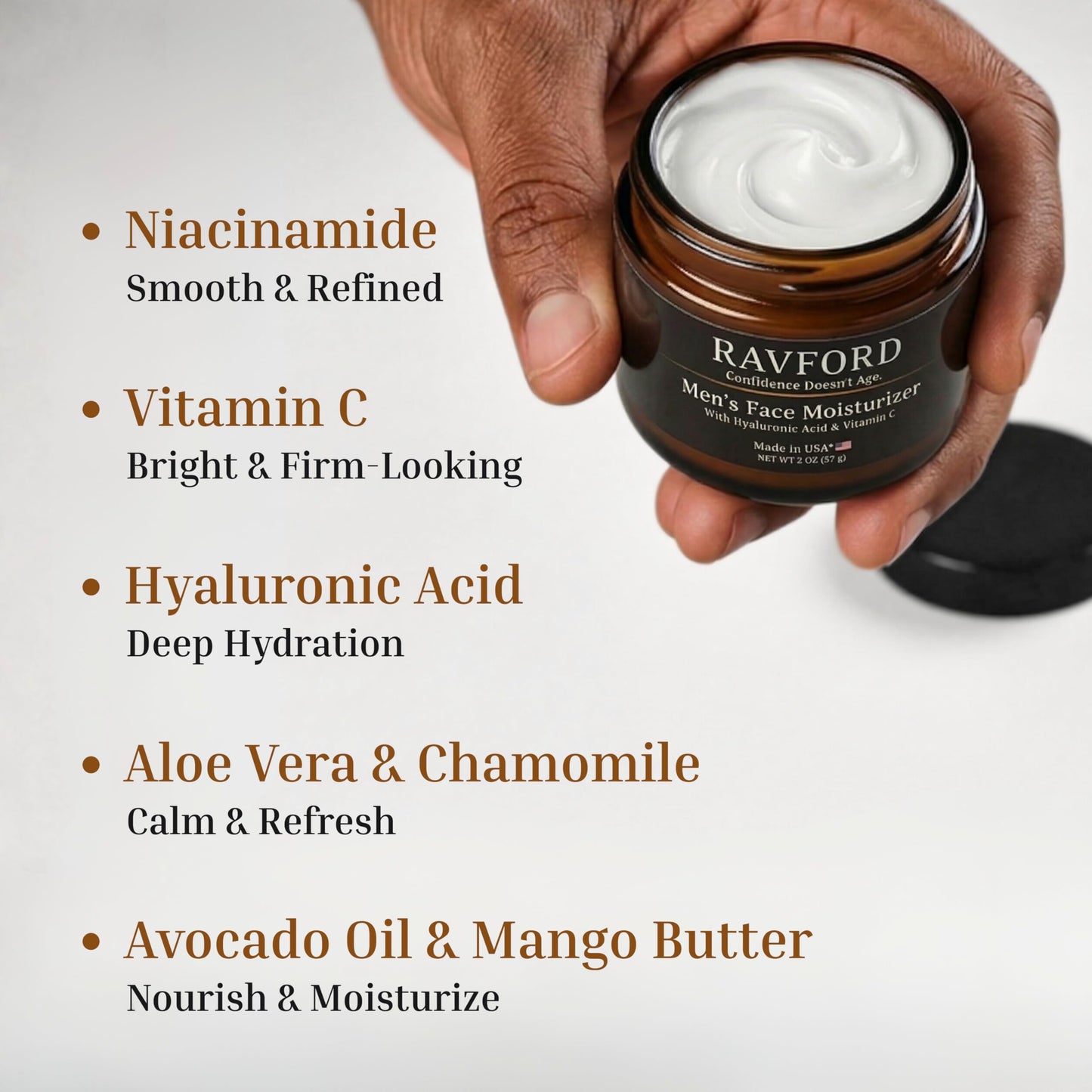 RAVFORD Men’s Face Moisturizer – Matte Finish, Fast-Absorbing, Non-Greasy Hydrating Cream for Dry & Aging Skin with Hyaluronic Acid, Vitamin C, Niacinamide & Aloe Vera – Unscented, Made in USA, 2 oz