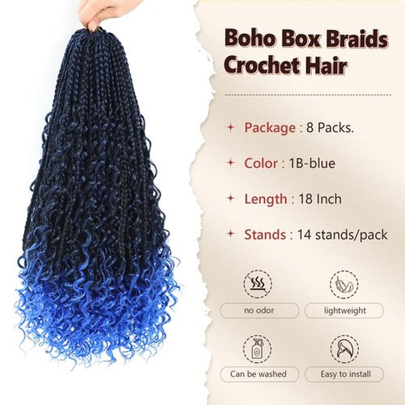 Boho Box Braids Crochet Hair 8 Packs Boho Crochet Braids Pre Looped 1B/Blue Goddess Box Braids Crochet Hair for Black Women 18 Inch Boho Braids Crochet Hair Extension