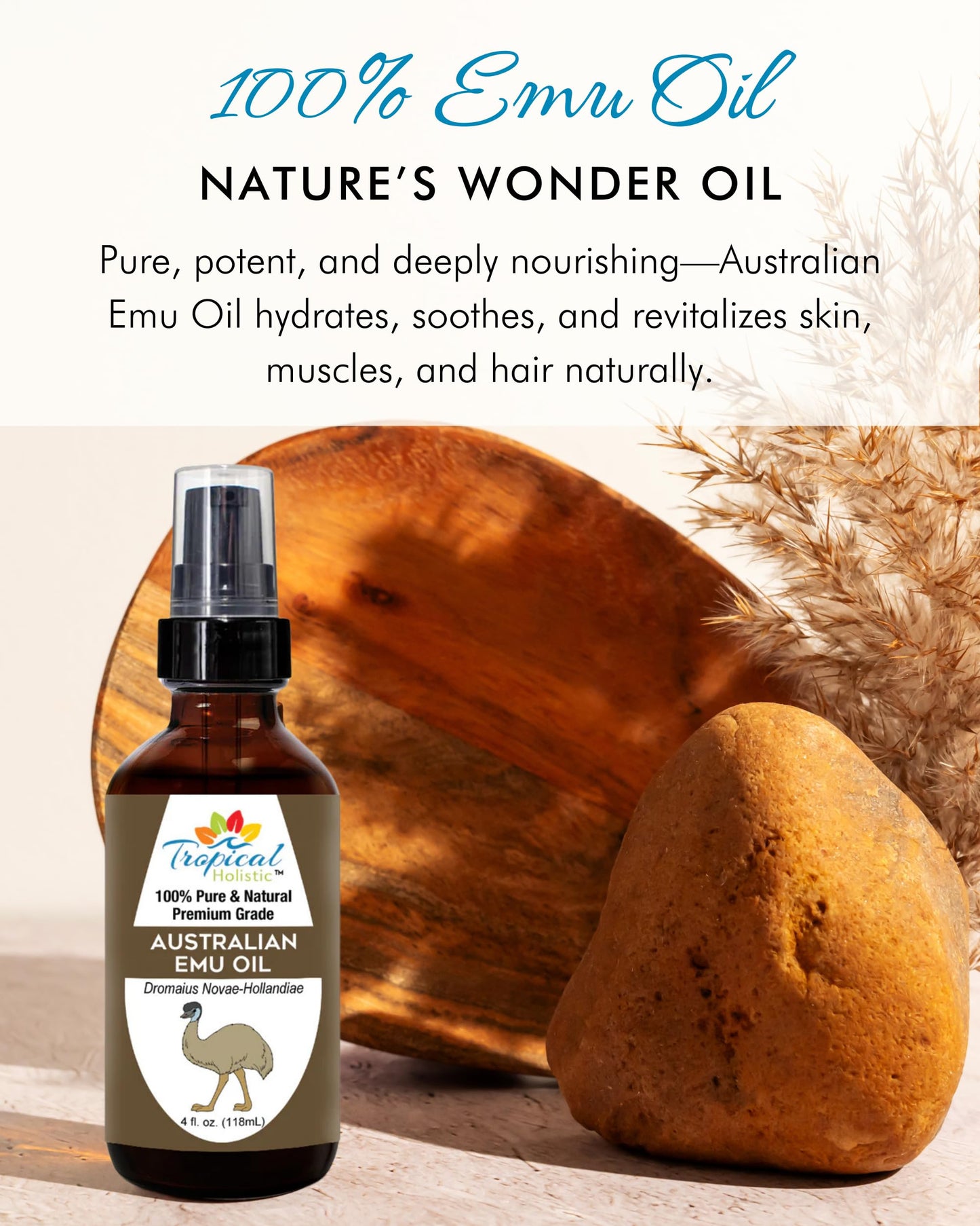 Tropical Holistic 100% Pure Australian Fully Refined Emu Oil 4 oz, Premium Grade Undiluted Natural Moisturizer for Skin, Hair, Piercings, Face, Feet, Nails