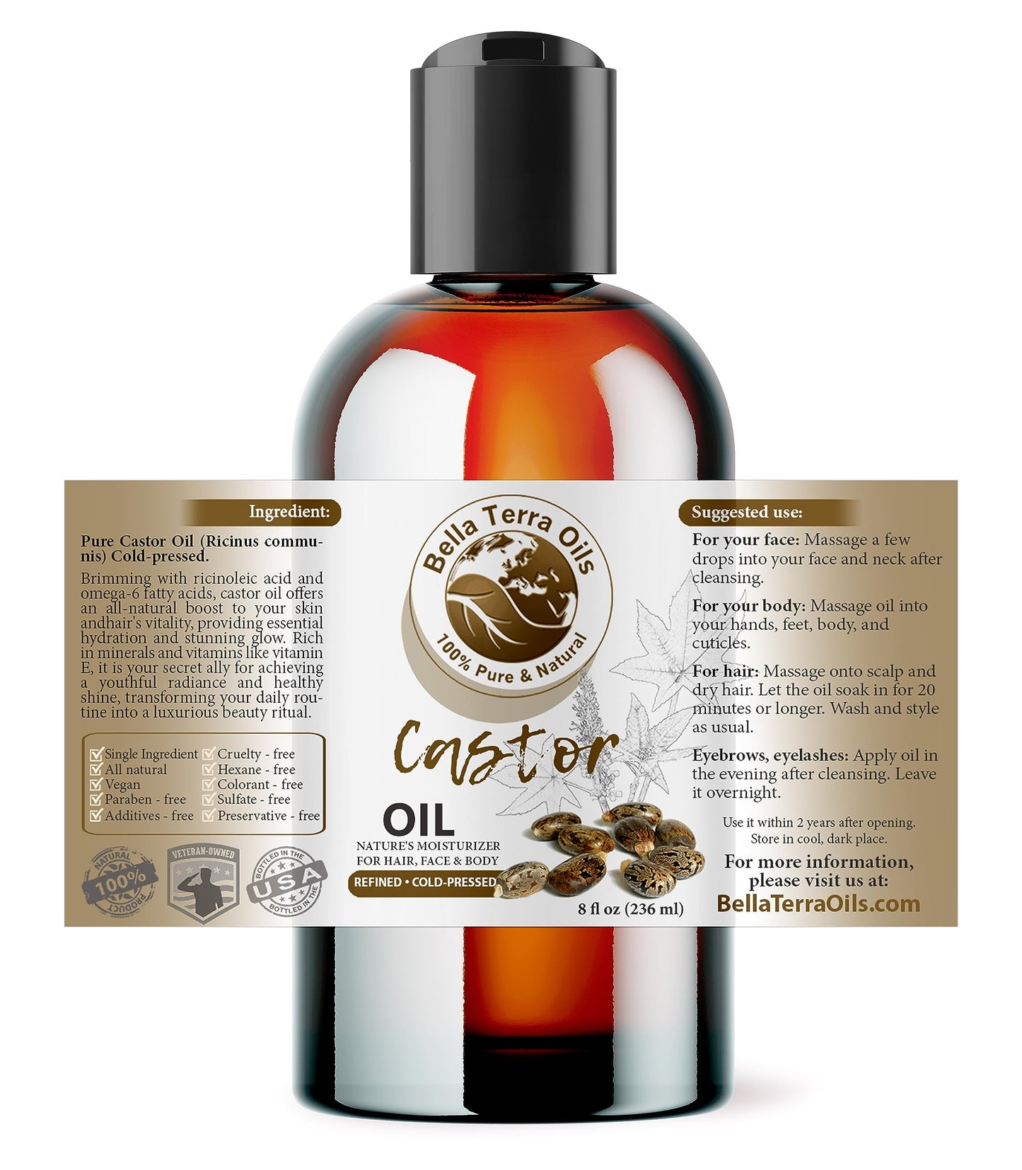Bella Terra Oils - Natural Castor Oil 8oz - The Essence of Natural Castor Nourishment, Enriched with Vitamins & Essential Minerals, Skin's Best Friend