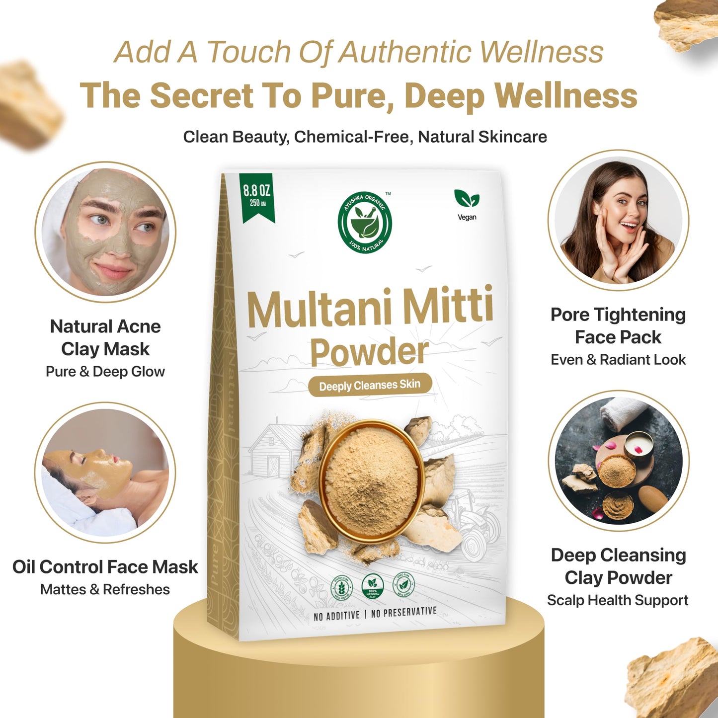 Multani Mitti Powder | Indian Healing Clay | 100% Pure Fullers Earth Powder for Natural Skin Tightening Face Mask | Deep Pores Cleansing | Bentonite Clay | Tan Removal Face Pack(8.8oz/250gm)