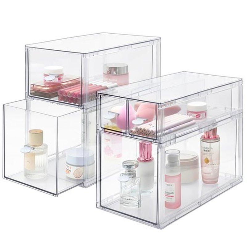Spaclear Makeup Organizer for Vanity, Clear Stackable Storage Drawers Set of 5, Cosmetic Organizer for Dresser Countertop, Large Capacity Cosmetic Storage Boxs, Kitchen Cabinets Organizers and Storage