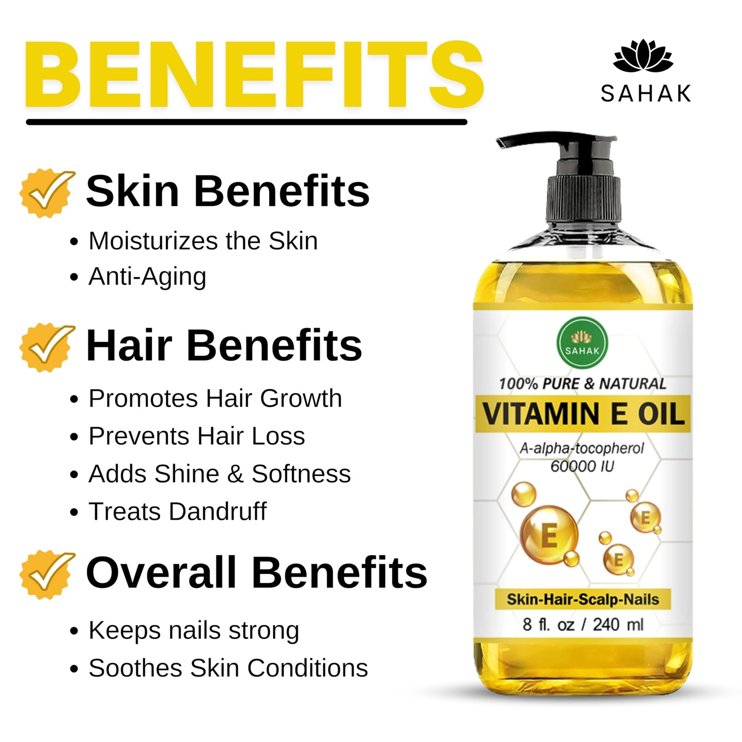 SAHAK Vitamin E Oil Blend 60,000 IU – Organic Vitamin E Oil for Skin, Hair & Nails | Ready-to-Use Body & Face Moisturizing Oil