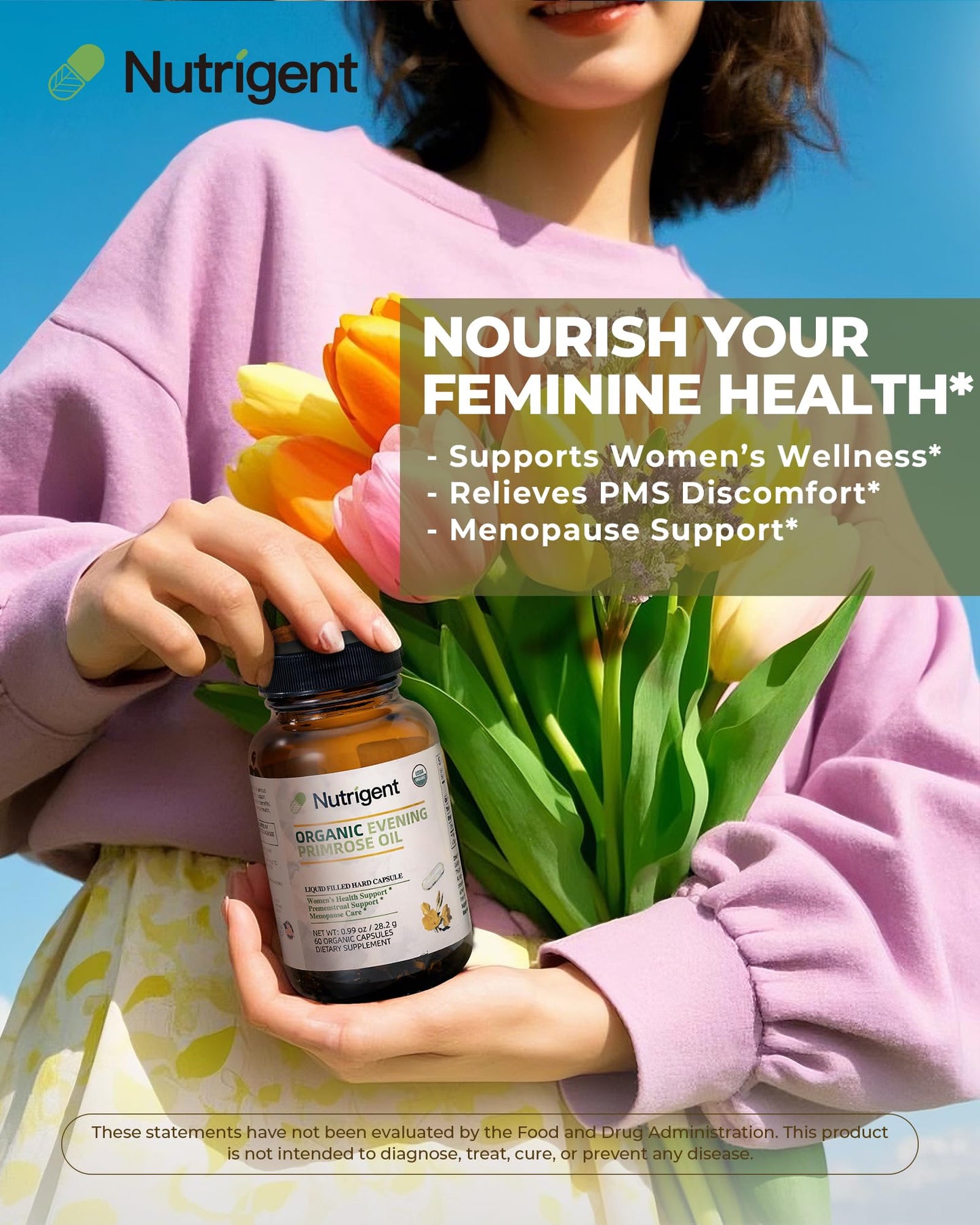 Nutrigent Organic Evening Primrose Oil Supplement, 940 mg 100% Pure with 10% GLA, High Absorption Liquid Organic Capsules, Promotes Women's Health & Skin Health, Cold Pressed, 60 Count