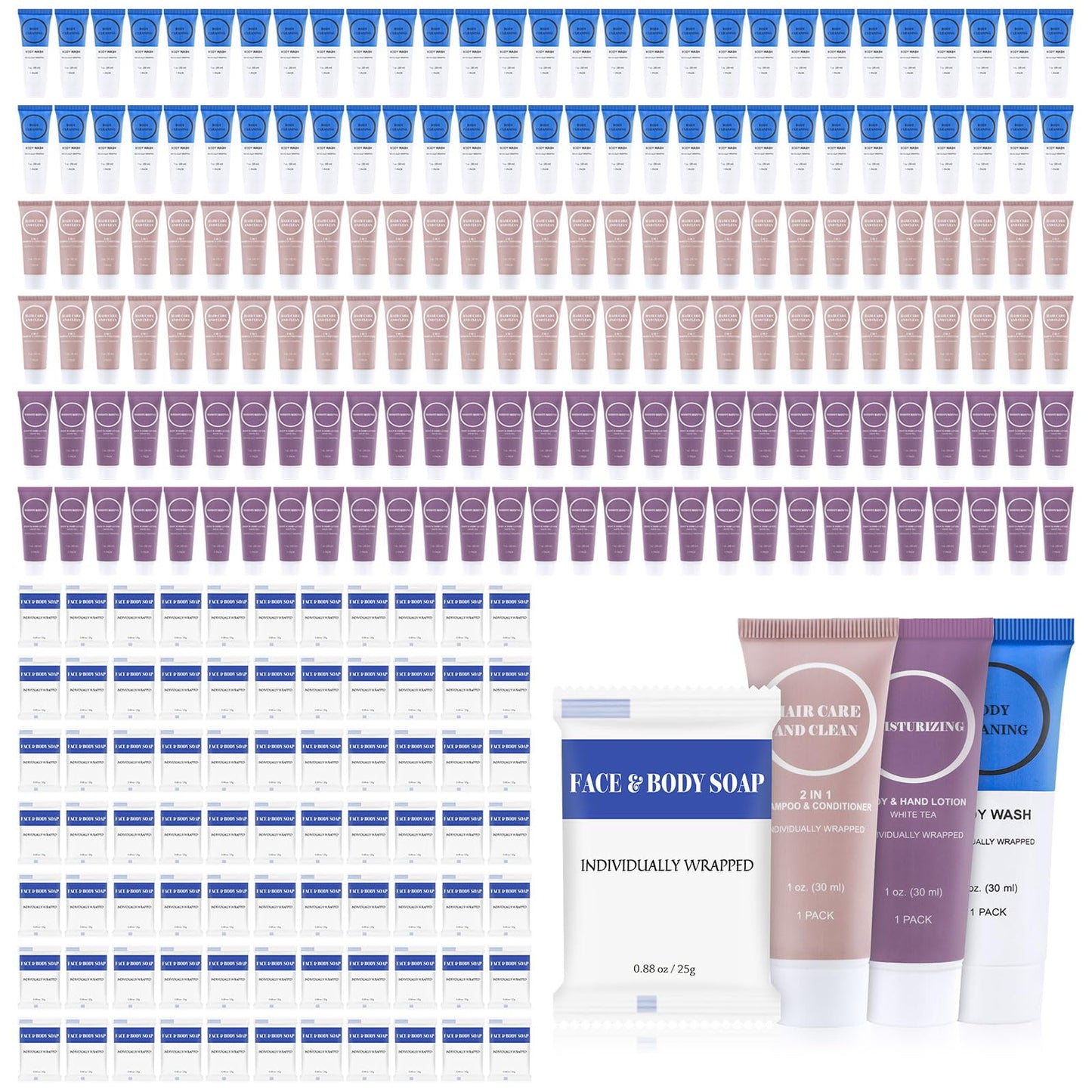 Travel Size Toiletries Set Bulk, Individually Wrapped 1 oz Mini Body Lotion Shampoo & Conditioner Body Wash 0.88 oz Bars Soap Toiletry Kit Guest Amenities for Hotel/Shelter/Homeless/Charity (160 Pack)