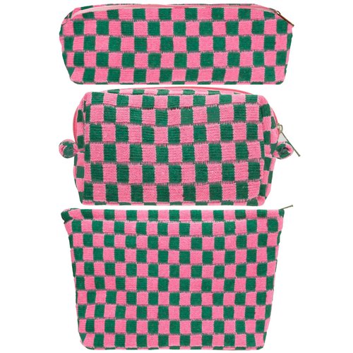 LYDZTION Large Capacity Makeup Bag Set - 3 Pieces Checkered Cosmetic Bag for Women Travel Makeup Bag Organizer Cute Makeup Brushes Storage Bag Travel Toiletry Bag,Green and Rose Red
