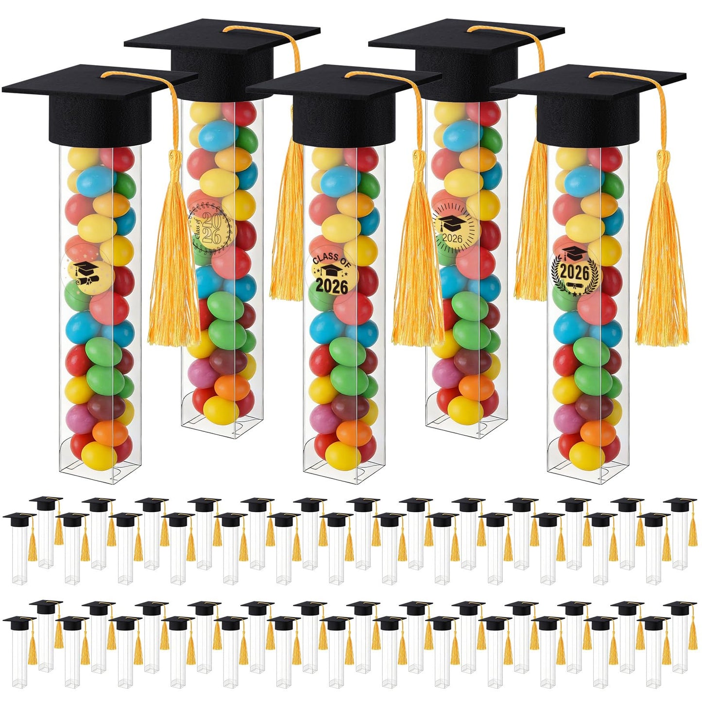 janbrm 2026 Graduation Candy Tubes 50 Pcs Graduation Candy Containers and 50 pcs Mini Caps Grad Cap Candy Box with Stickers Graduation Supplies Graduation Party Favors (Black)