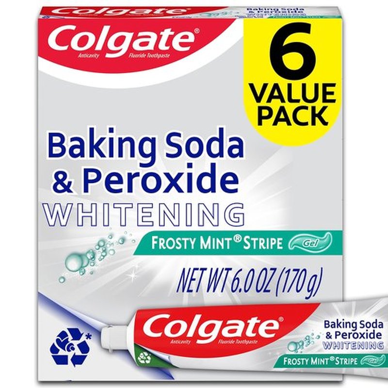 Colgate Baking Soda and Peroxide Toothpaste Gel, Whitening Baking Soda Toothpaste, Frosty Mint Flavor, Whitens Teeth, Fights Cavities and Removes Surface Stains for Whiter Teeth, 6 Pack, 6 Oz Tubes