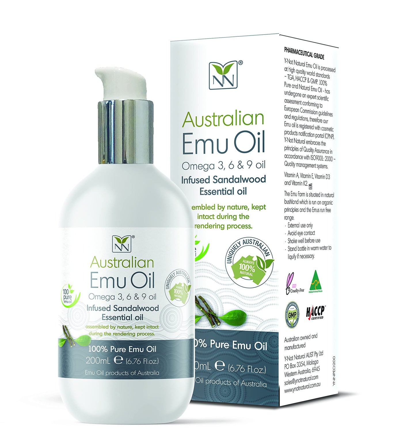 Y Not Natural Pure Emu Oil - Organic Moisture for Face, Body, Hair, Scalp & Nails - Rich in Omega 3-6-9, Vitamins & Essential Minerals - Australian Emu Oil (200ml) 6.76 fl oz - Sandalwood