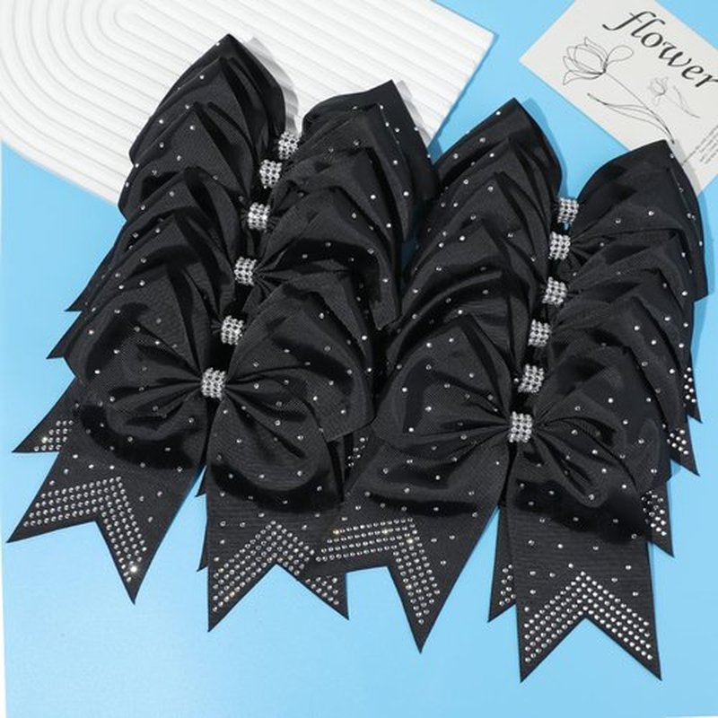 CEELGON 12 PCS Large Rhinestones Cheer Bows, 7" Glitter Cheer Bows Ponytail Holder for Cheerleaders Girls Softball Sports Competition, Black with Full Rhinestone