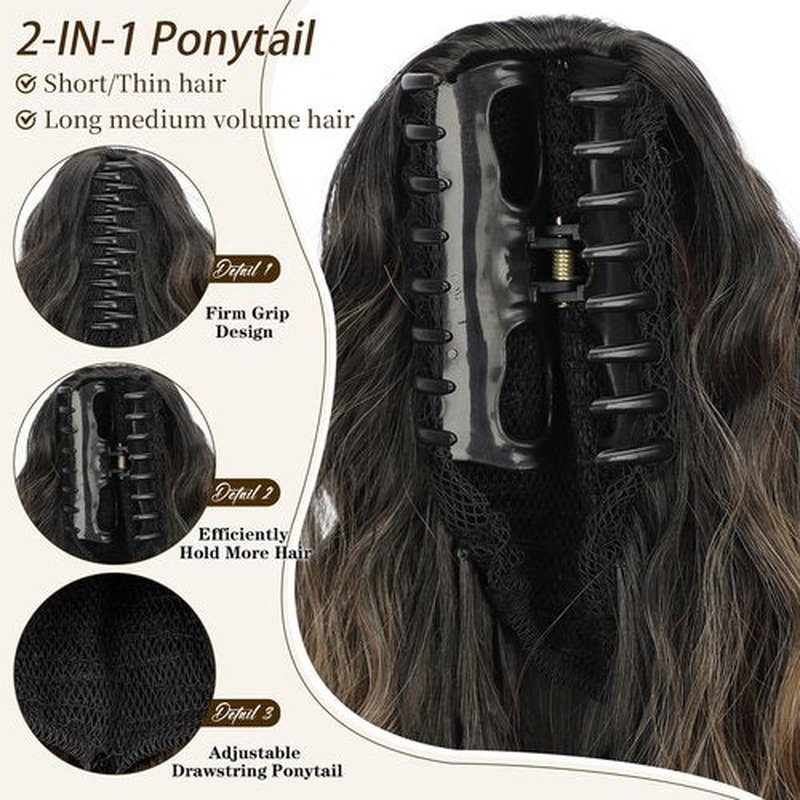 ORSUNCER Claw Clip Ponytail Extension 18" Curly Wavy Pony Tails Hair Extensions Layered Natural Looking Clip on Ponytails for Women Synthetic Hair Extensions (Ombre Black Mix Blonde)