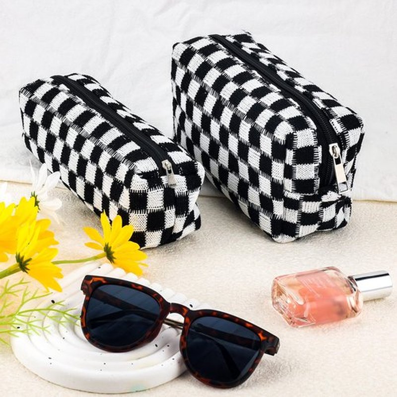 2Pcs Checkered Makeup Bag for Women Cometic Pouch Travel Small Cosmetic Bag Set Cute Makeup Pouch for Purse Portable Zippered Skincare Bag Toiletry Bag Organizer Preppy Trendy Storage Bag(Black)