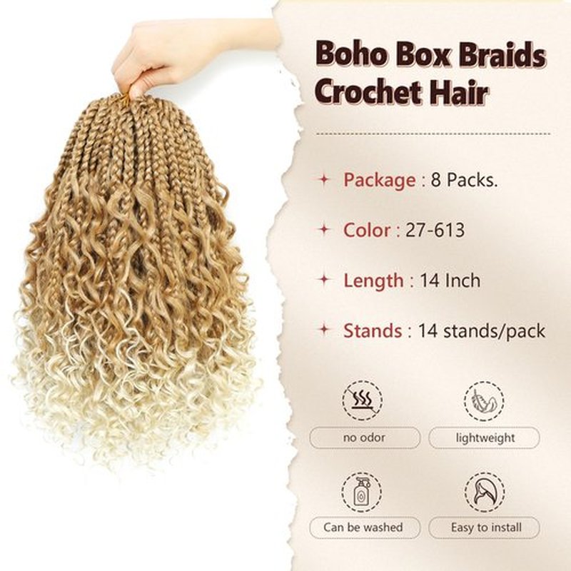 Boho Box Braids Crochet Hair 8 Packs Boho Crochet Braids Pre Looped 27/613 Goddess Box Braids Crochet Hair for Black Women 14 Inch Boho Braids Crochet Hair Extension