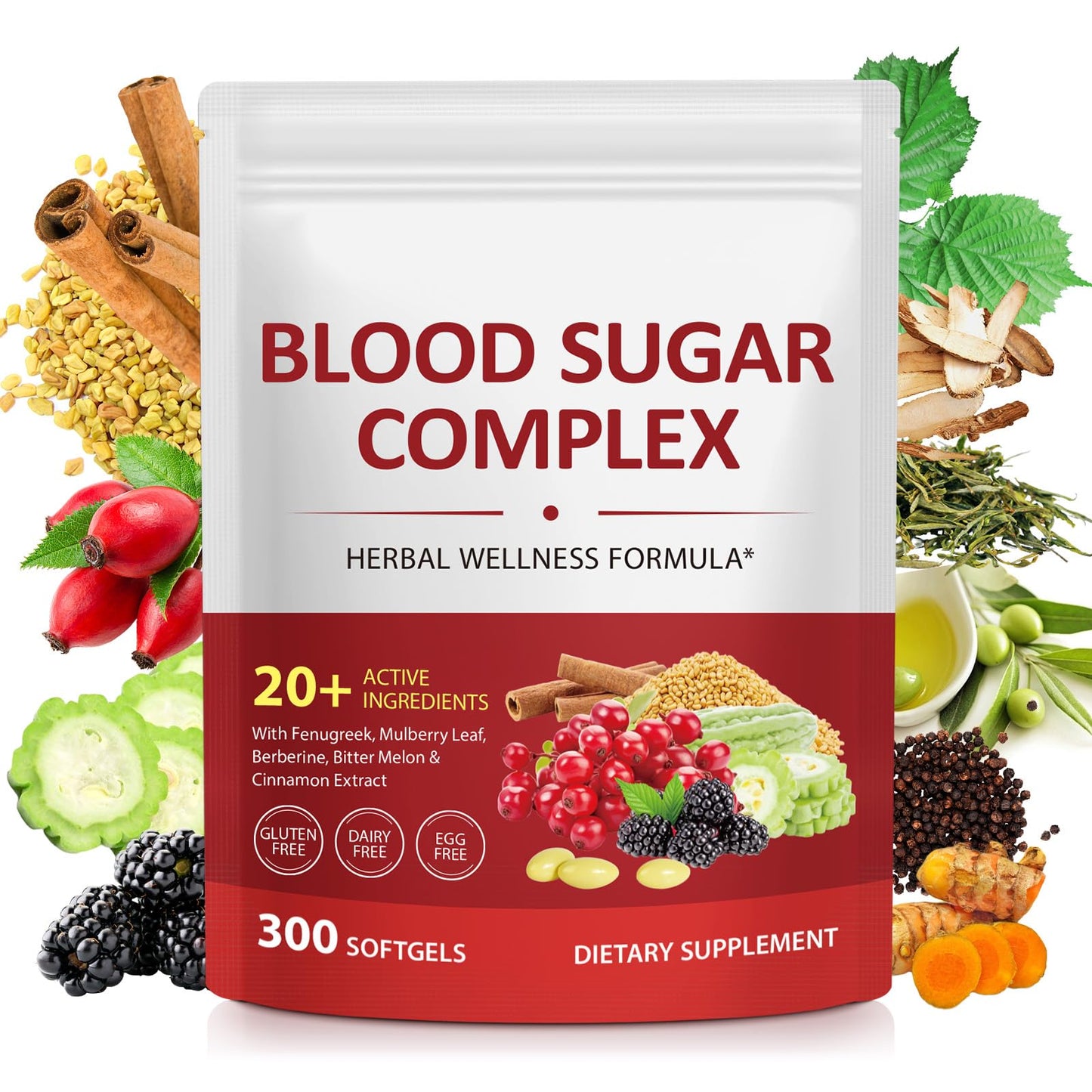 300 Softgels Blood Sugar Complex Supplement | 20+ Active Herbs-Berberine, Cinnamon, Bitter Melon, Mulberry Leaf, Fenugreek, Vitamins for Energy Level, Vitality Support | Clean Formula