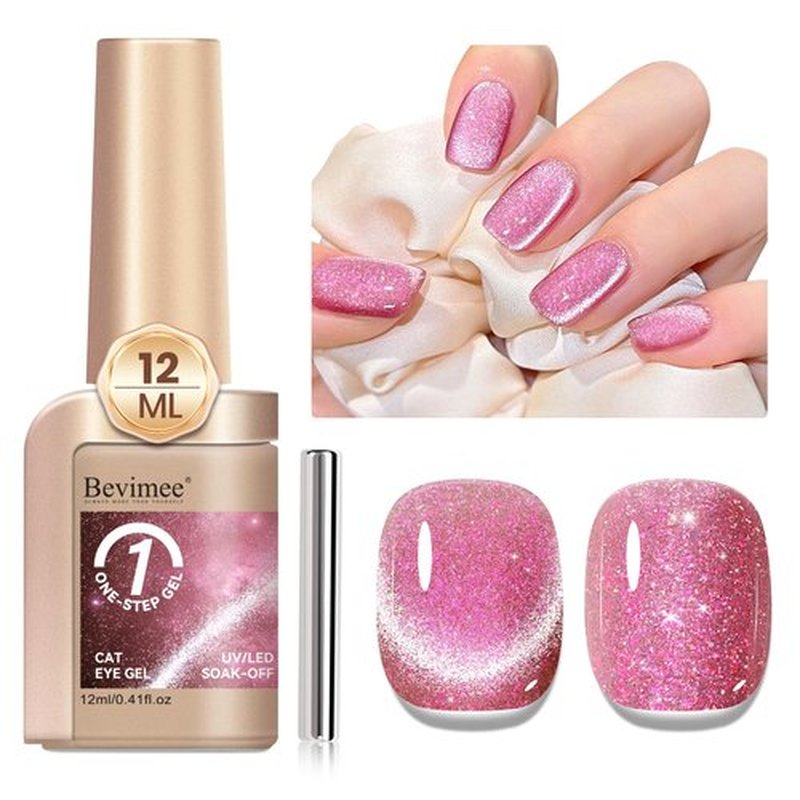 Bevimee Cat Eye Gel Nail Polish, 12ML Magnetic Pink Glitter Cateye Gel Polish Shimmer Crushed Ice Effect, 3 In 1 No Base/Top Coat Required - Soak Off UV Gel For Spring/Summer Nail Art Manicure