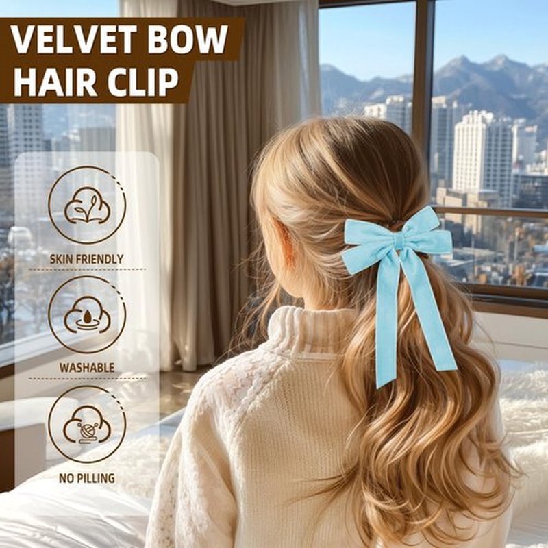 2PCS Blue Hair Bows Soft Velvet Bow Hair Clip with Long Tail Hair Accessories for Women Girls Toddlers