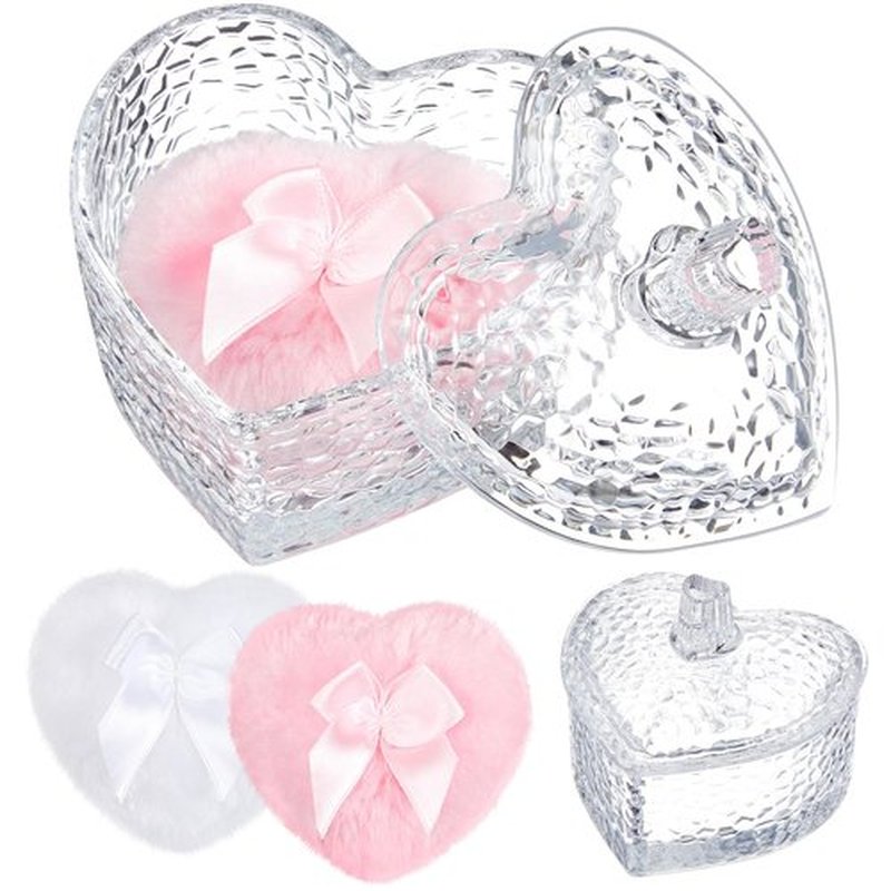 Tioncy 3 Pcs Large Body Powder Puff and Container Powder Container with Puff Powder Puff Crystal Container Soft Washable Reusable Velour Face Body Glitter Powder Puff Wet Dry Makeup(Clear,Heart)