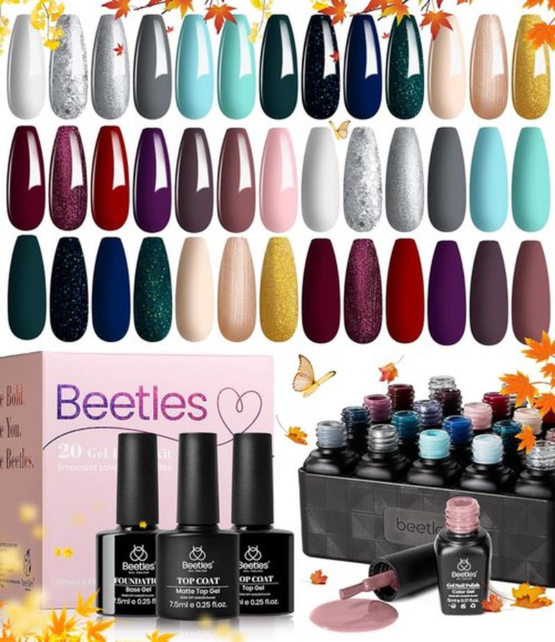 beetles Gel Polish Kit 20 Pcs Free Spirit Collection Burgundy Red Glitte Fall Blue Gray Purple Gel Nail Polish Soak Off Glossy & Matte Top Base Coat DIY Manicure Gifts for Women