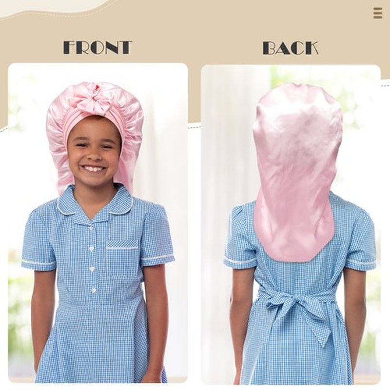 Kids Long Hair Bonnet for Sleeping - Double Layer Girls Elastic Satin Bonnet with Tie Band for Braid Curly Hair (Pink)