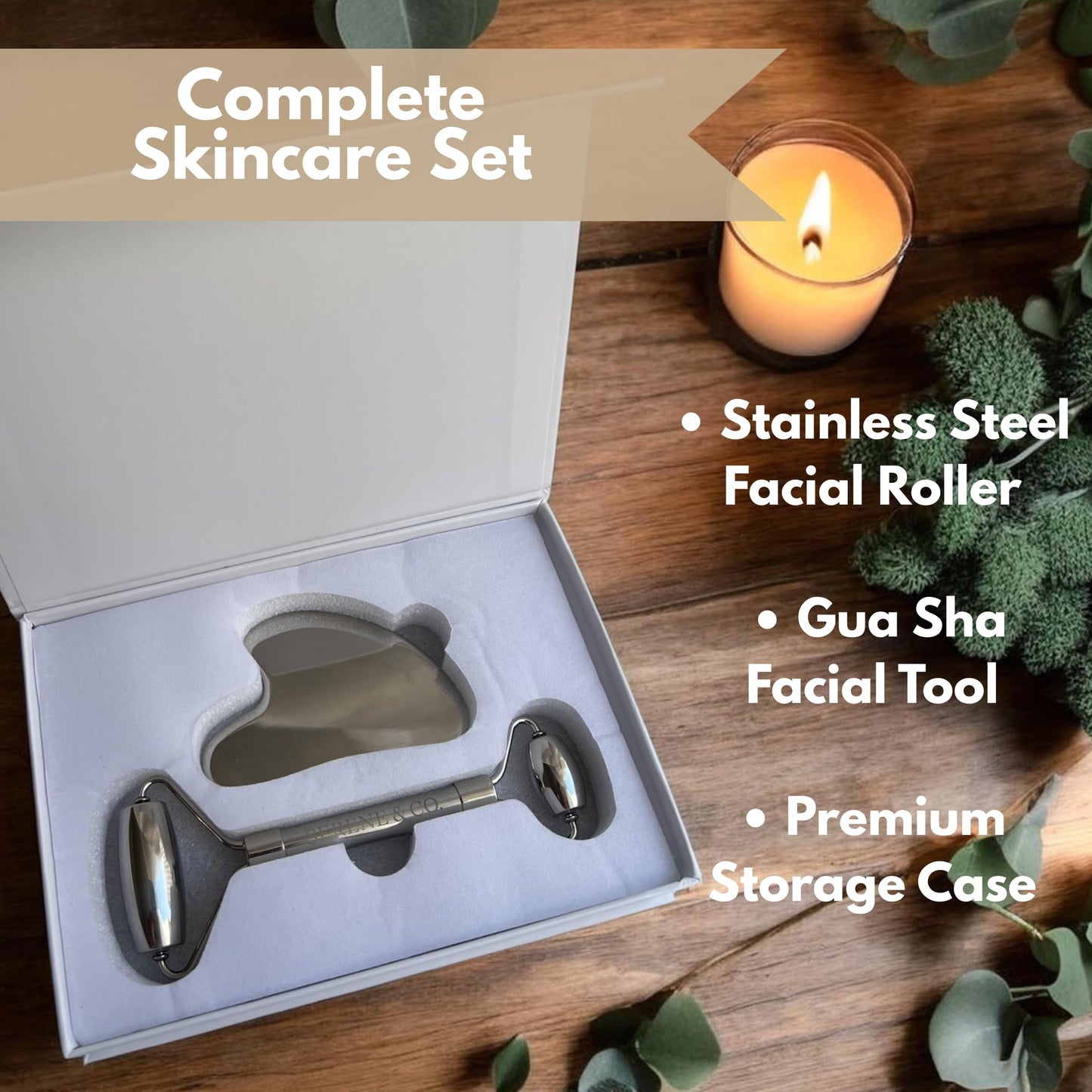 Serene & Co. Premium Stainless Steel Gua Sha & Face Roller Set – Facial Massage Tools for Skincare Routine – Cooling Metal Roller & Sculpting Gua Sha