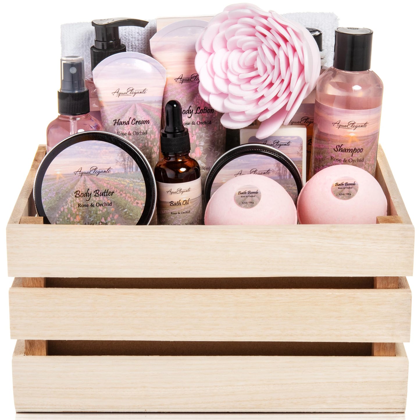 Aqua Elegante Full Spa Gift Set - 15 Piece Premium Bath Basket with Wash, Bubbles, Lotion, Salts, Body Scrub, Towel, Shower Puff, Bathbombs, Reusable Basket, Gifts for Women - Rose Oil & Orchid