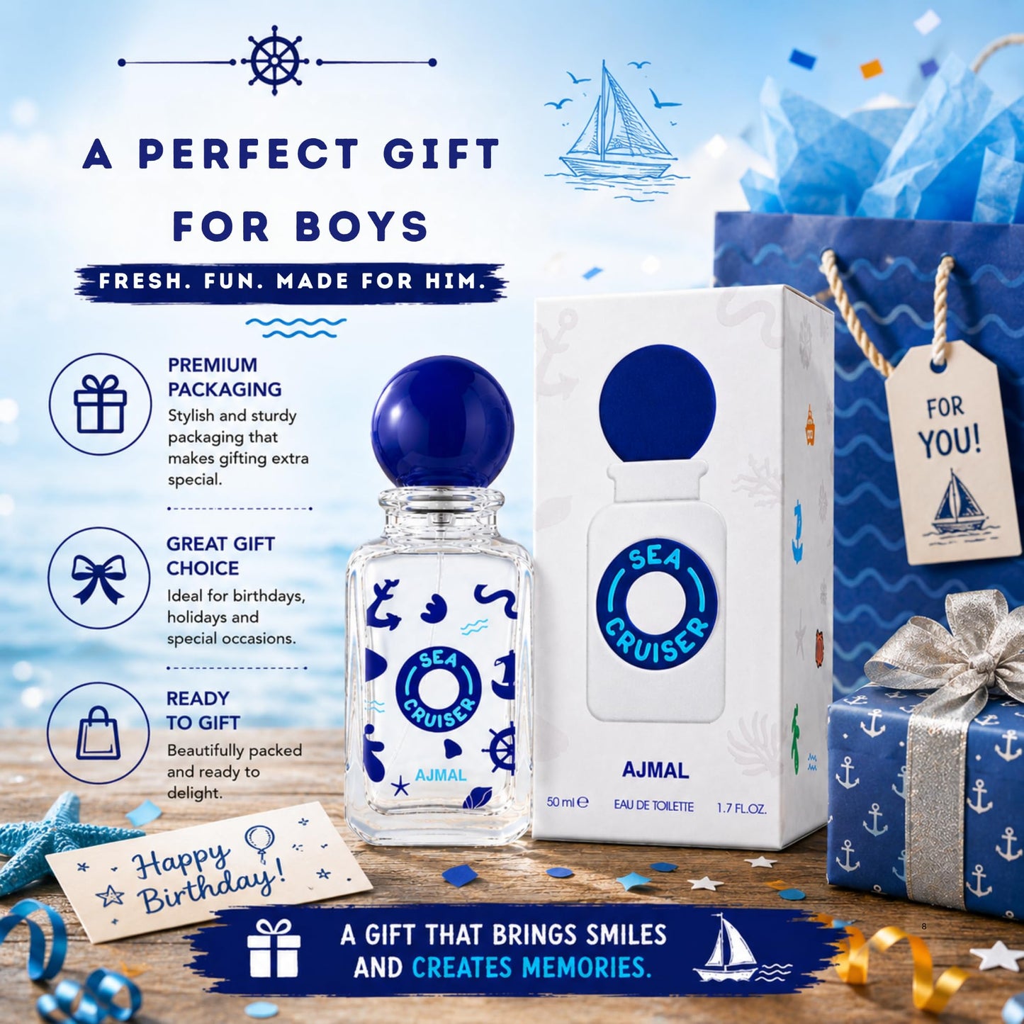 Ajmal SeaCruiser Perfume for Boys, 1.7 fl oz / 50 ml, Fresh Spicy Woody Fragrance with Lemon & Black Pepper, Everyday Kids Perfume, Made in Dubai