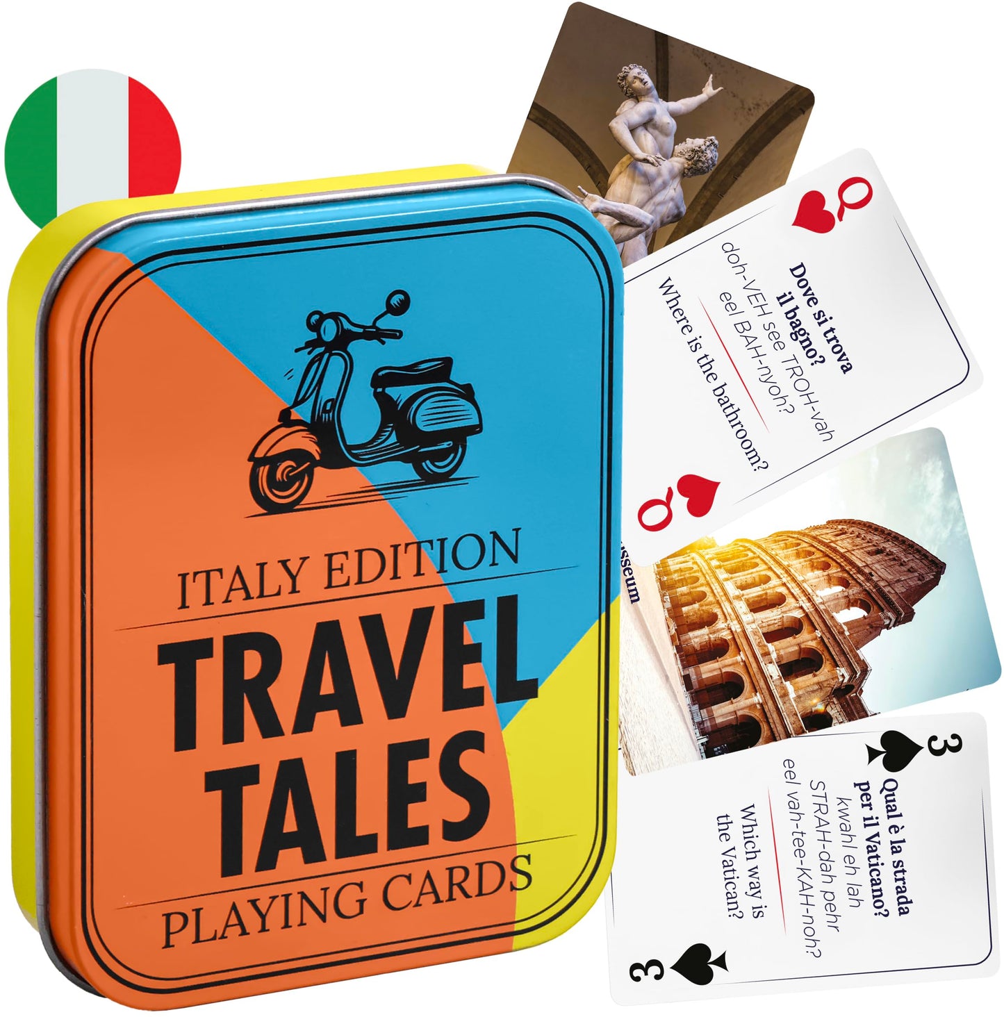 All7s Travel Tales Italy Edition - Italian Playing Cards for Adults for Dad - 52 Phrase Deck in Tin
