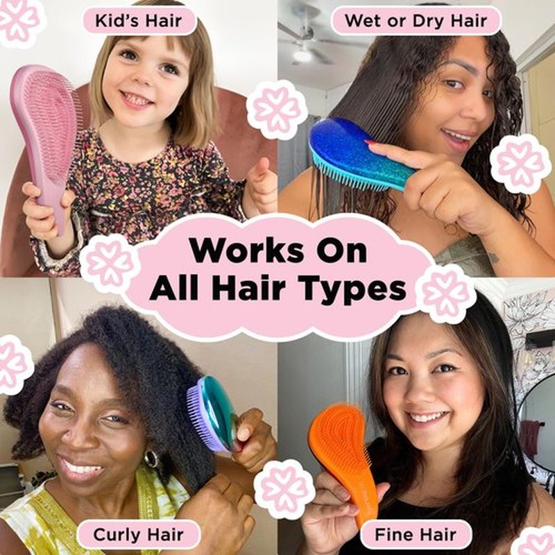 Lily England Detangler Brush for Curly Hair, Thick, Straight & Natural Hair - Trendy Gift for Teens, Kids & Toddlers with Stickers - Hairbrush for Wet & Dry Hair, Pink