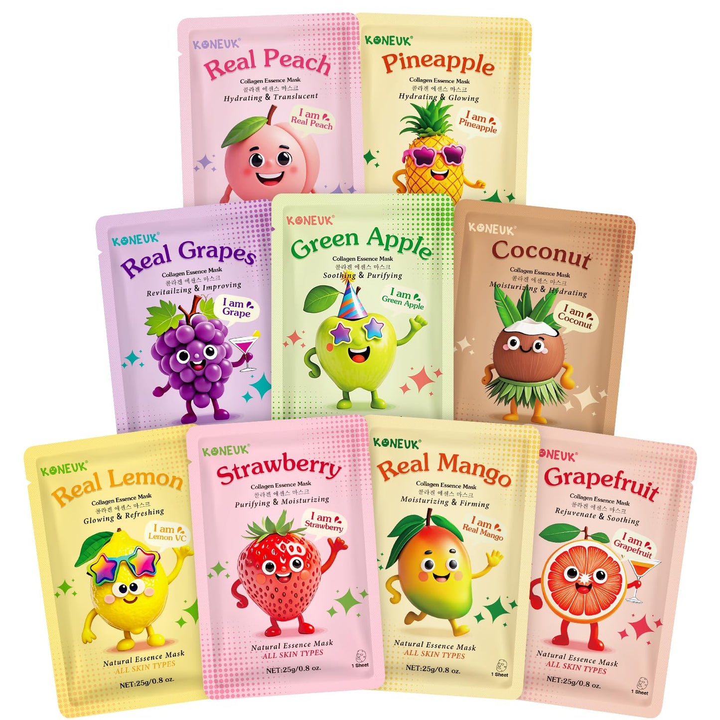 KONEUK 9 Pack Fruit Face Masks Skincare for Kids, Bulk Collagen Face Mask for Teens Women, Skin Care for Kids, Sleepover Party Supplies, Spa Birthday Party Supplies and Gifts for Girls