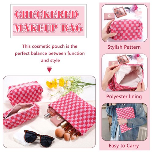 ZLFSRQ 3Pcs Checkered Makeup Bag for Women Large Cosmetic Bag Set Travel Toiletry Bag Makeup Pouch Bag for Purse Pink Zipper Storage Bag Organizer Cute Small Aesthetic Girls Car Essentials Bag