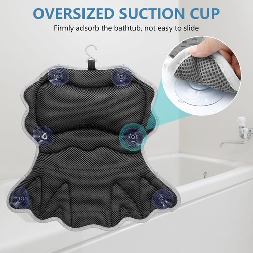 SetSail Bath Pillow, Relaxing Bath Pillows for Tub Neck and Back Support Soft 4D Breathable Air Mesh Ergonomic Bathtub Pillow with 6 Strong Suction Cups and Hook Luxury Bathroom Accessories,Black