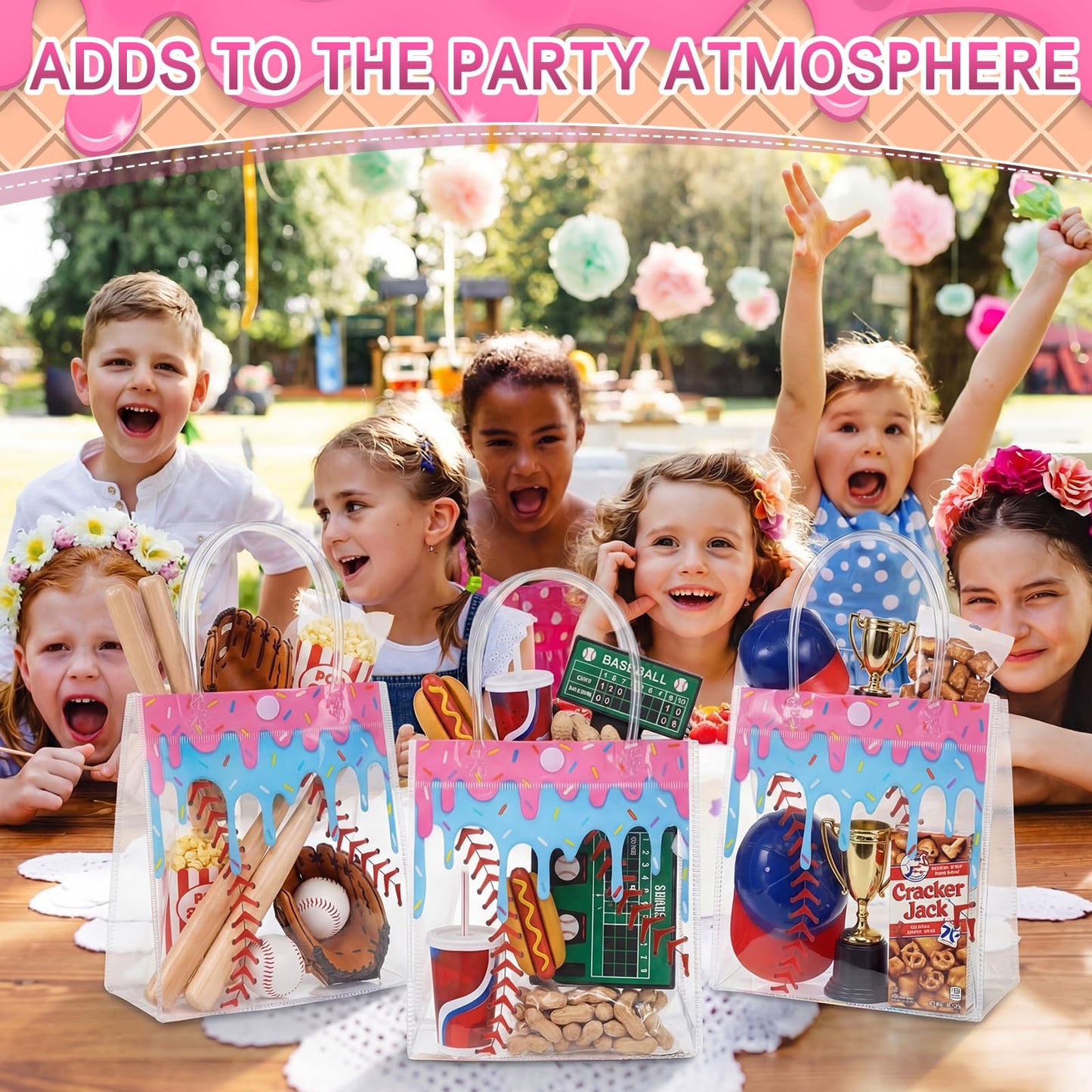 Kolldenn 24 Pcs Baseball Ice Cream Drip Party Favors Clear PVC Gift Bags Baseball Birthday Ice Cream Drip Goodie Snack Treat Bags with Handles for Sport Team Party Supply 6.3 x 5.9 x 3 Inches