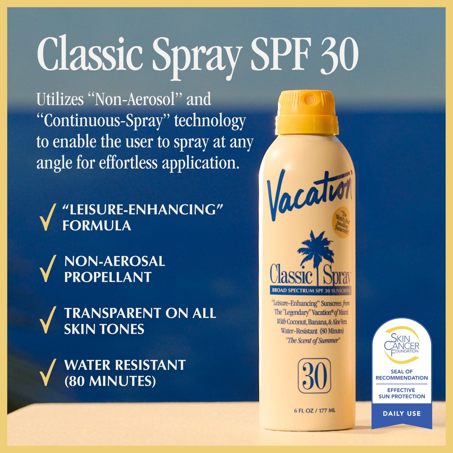 Vacation Classic SPF 30 Sunscreen Spray, 6 Fluid Ounces, Pack of 3 - Broad Spectrum, Lightweight, Transparent on All Skin Tones, Water-Resistant, Vegan, Dermatologist-Tested