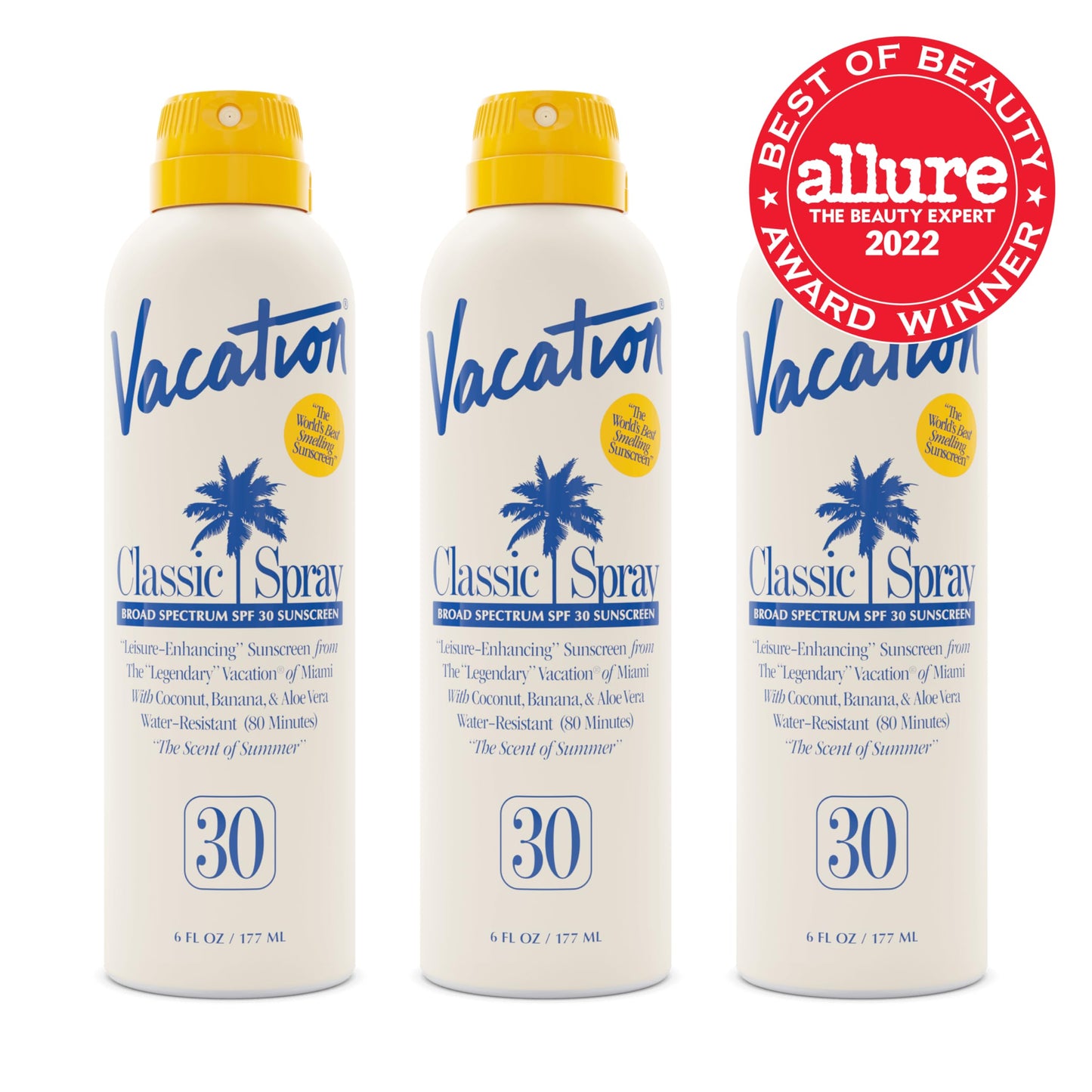 Vacation Classic SPF 30 Sunscreen Spray, 6 Fluid Ounces, Pack of 3 - Broad Spectrum, Lightweight, Transparent on All Skin Tones, Water-Resistant, Vegan, Dermatologist-Tested