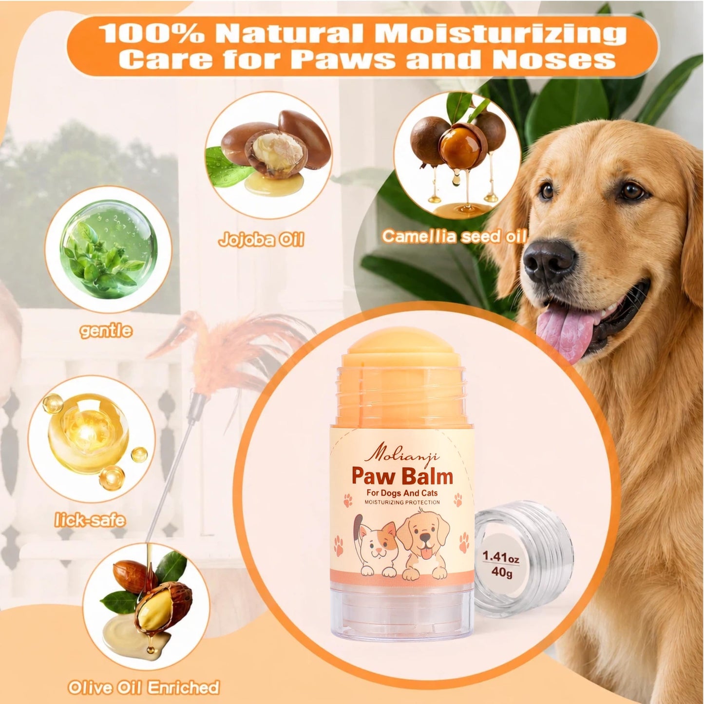 Dog Paw Balm & Nose Balm Stick for Dogs and Cats 1.41oz(40g), Lick-Safe Paw Wax Moisturizer for Dry Cracked Paws, Nose and Elbows, Helps Protect Against Hot Pavement,Snow and Road Salt