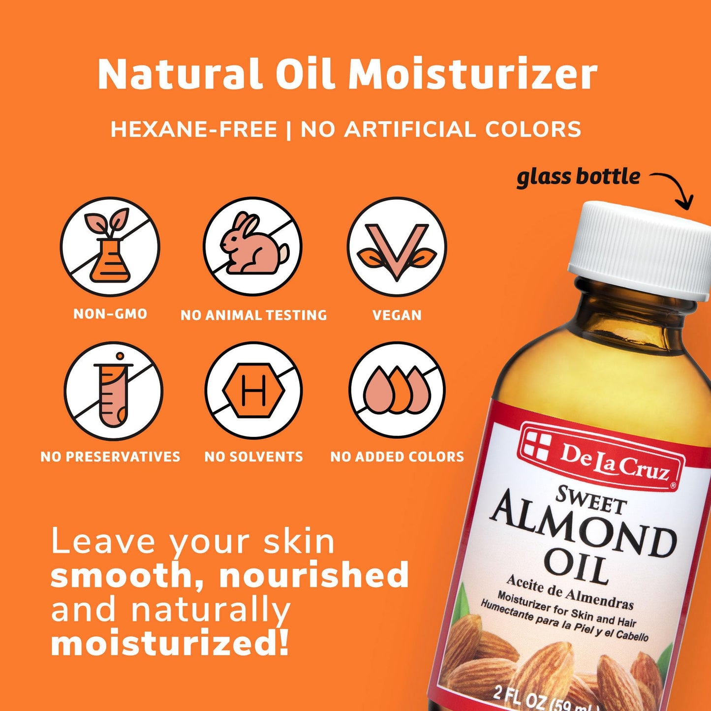 De La Cruz Sweet Almond Oil - Expeller Pressed Almond Oil for Skin and Hair 2 FL. OZ. (59 mL) - 3 Bottles