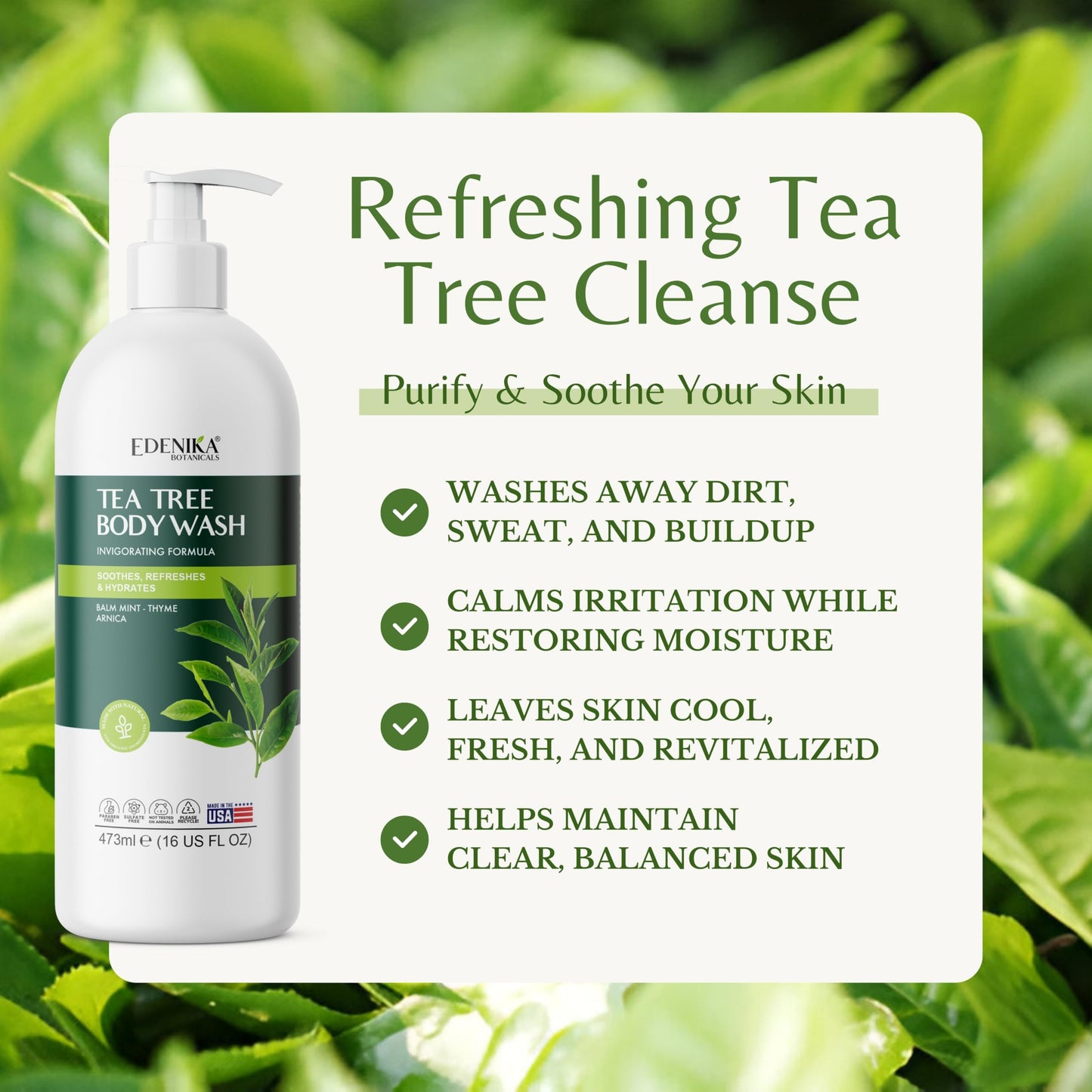 EDENIKA BOTANICALS Tea Tree Body Wash with Balm Mint, Arnica & Pure Organic Tea Tree Oil for Skin Therapy, Deep Cleansing, Soothing & Refreshing for Sensitive, Itchy Skin, Men & Women, 16 fl oz