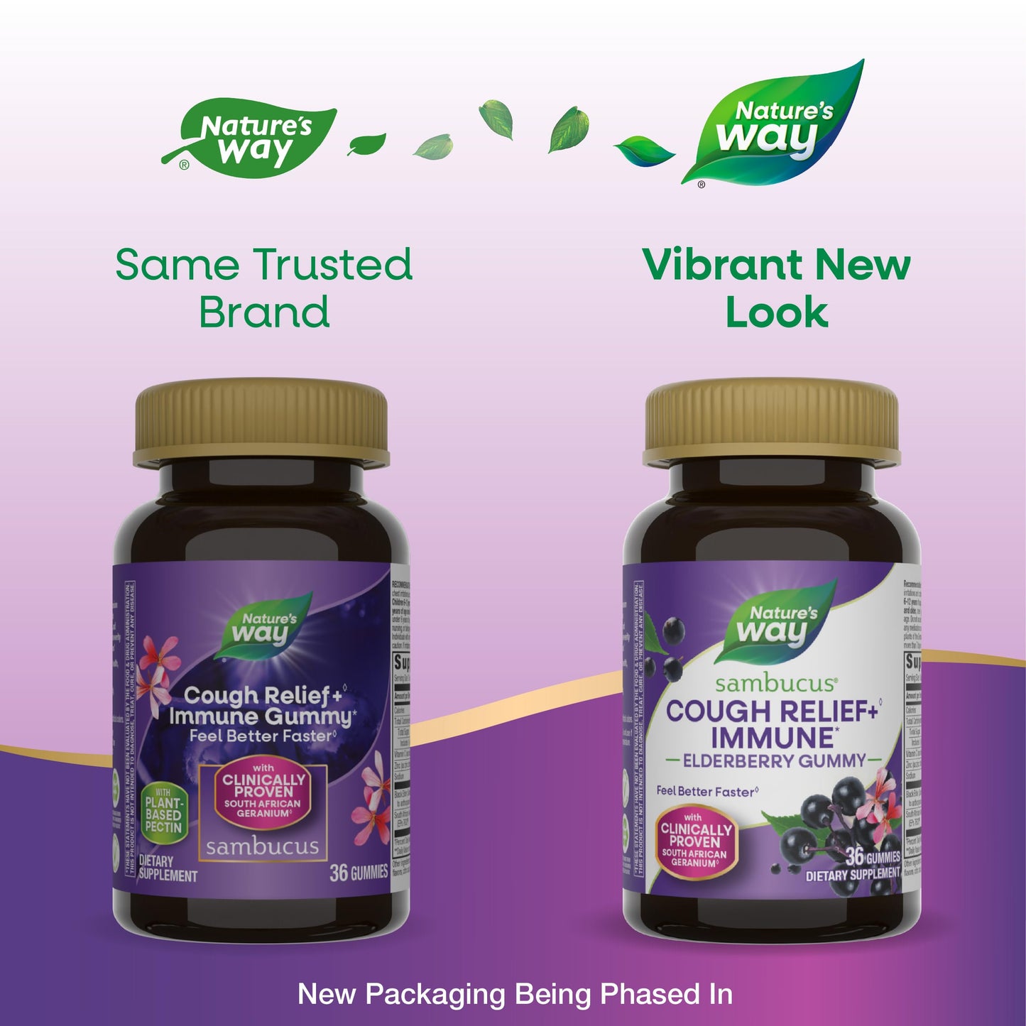 Nature's Way Sambucus Cough Relief +(1) Immune* Elderberry Gummy, Clinically Proven South African Geranium Root Extract(1), Elderberry Extract, Vitamin C & Zinc, 36 Gummies (Packaging May Vary)