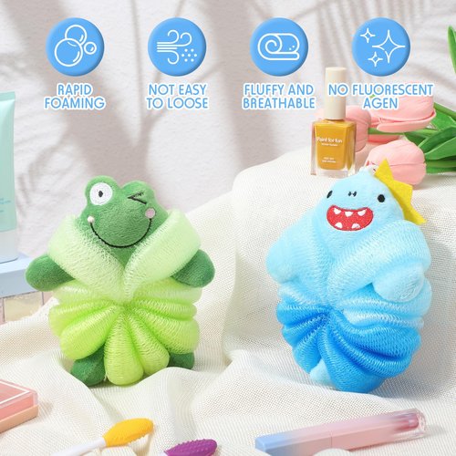 Nuenen 2 Pcs Bath Loofahs Kids Toddler Body Loofahs Cute Cartoon Kids Loofah Kid Bath Sponges Loofah Bath Pouf Body Scrubber Mesh Loofah Sponges for Children Shower Washing (Shark, Frog)