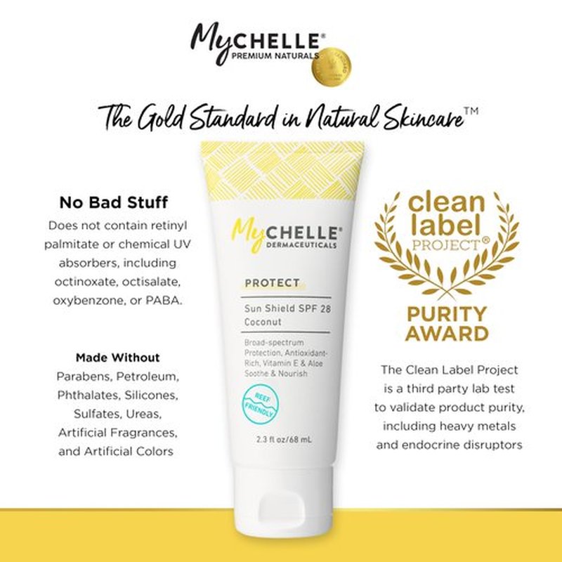 MyCHELLE Dermaceuticals Sun Shield SPF 28 Coconut (2.3 Fl Oz) - Soothing Reef Safe Sunscreen with Vitamin E and Aloe - Travel Size Zinc Sunscreen for Face and Body