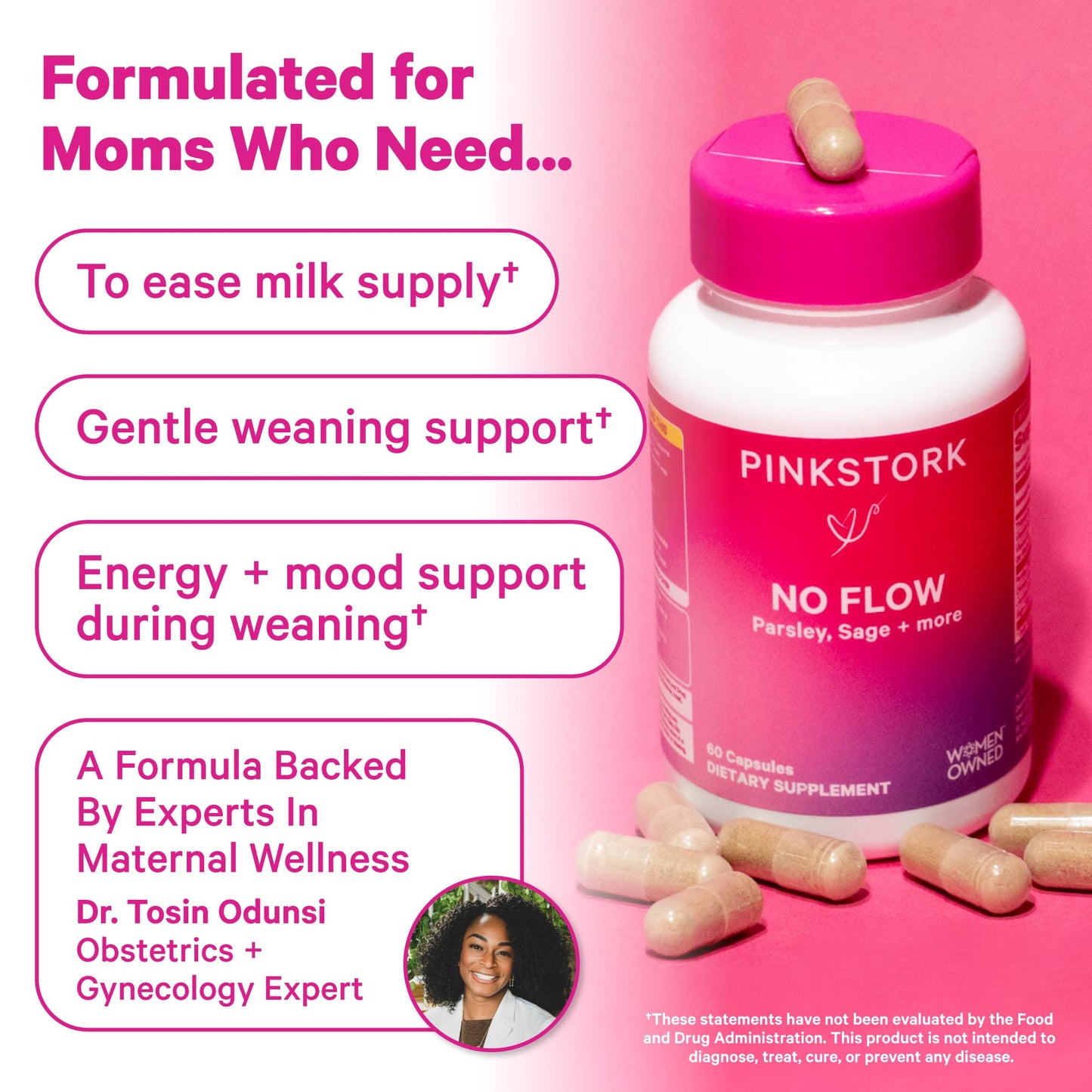 Pink Stork No Flow Breast Milk Dry Up Supplement, 60 Capsules